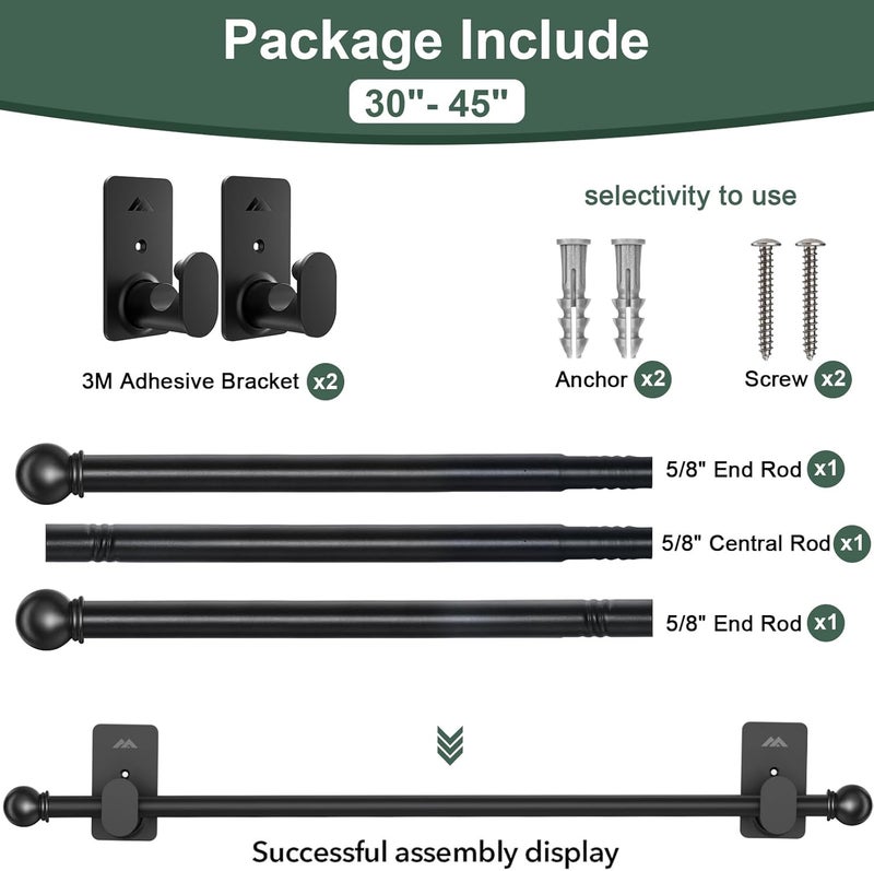 ZNONOX Curtain Rods No Drilling for Windows 30 to 45 Inches,5/8 Inch Diameter No Drill Curtain Rod Set with 3M Adhesive Brackets, Black - Image 5